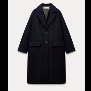 NWT Zara Wool Blend Oversized Long Coat Navy Blue Minimalist Chic Sz XS-S